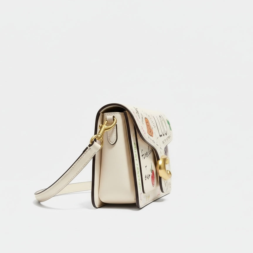 Cream Leather Graffiti Print Shoulder Bag
