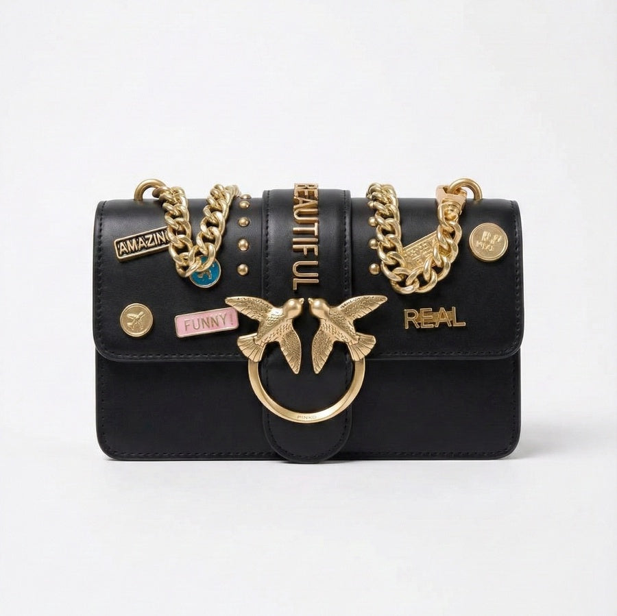Black Leather "Beautiful" Statement Bag