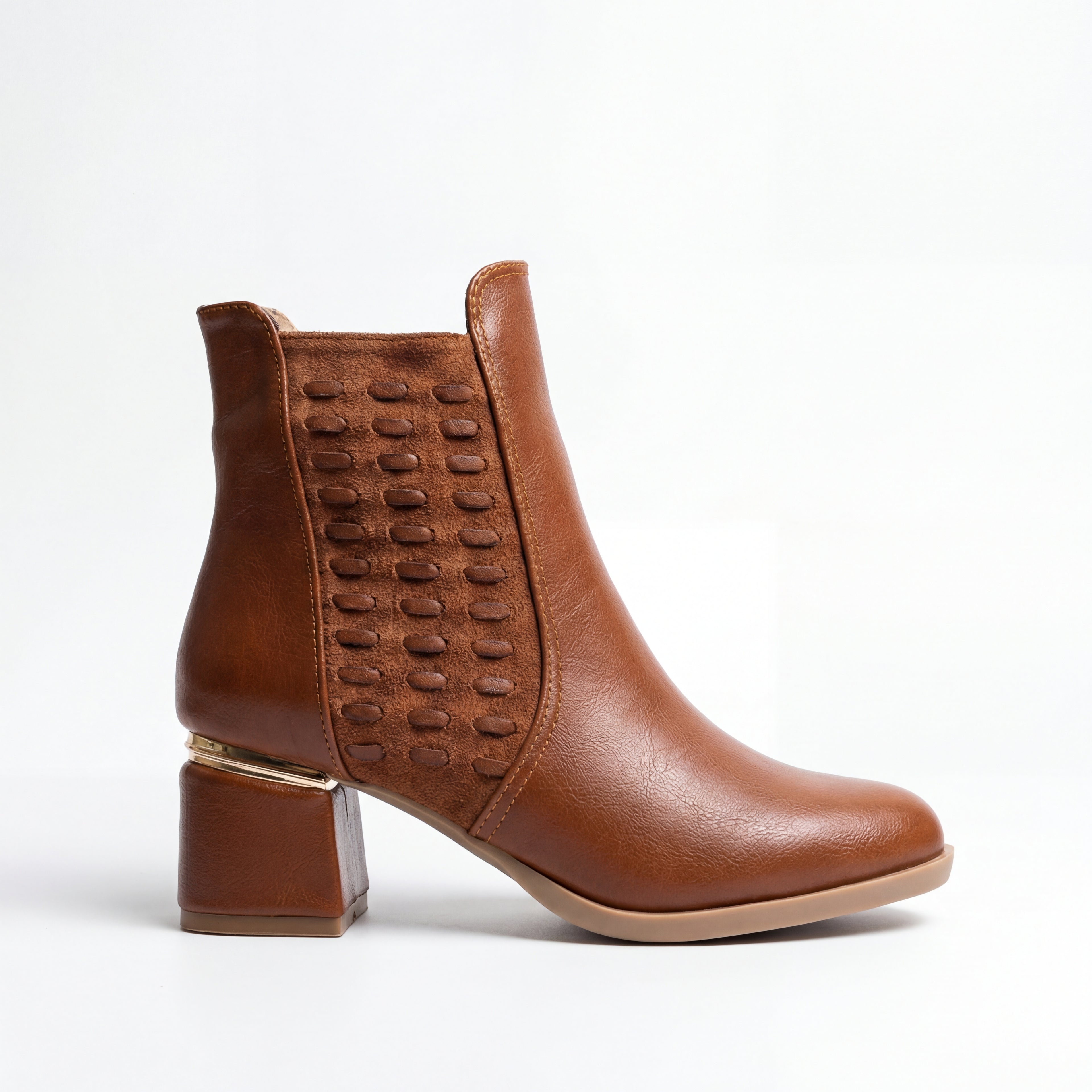 Elegant Textured Ankle Boot with Gold Trim & Block Heel