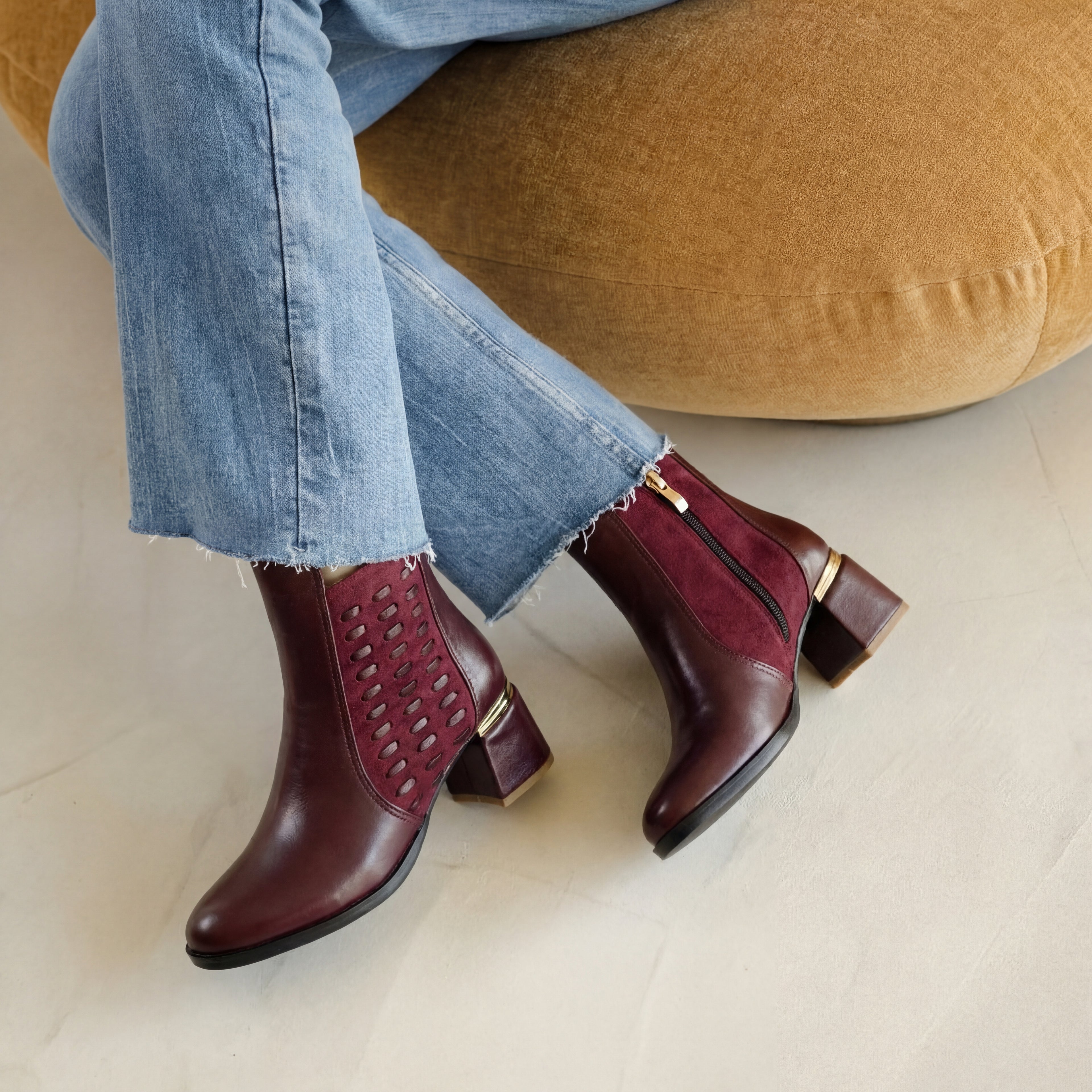 Elegant Textured Ankle Boot with Gold Trim & Block Heel