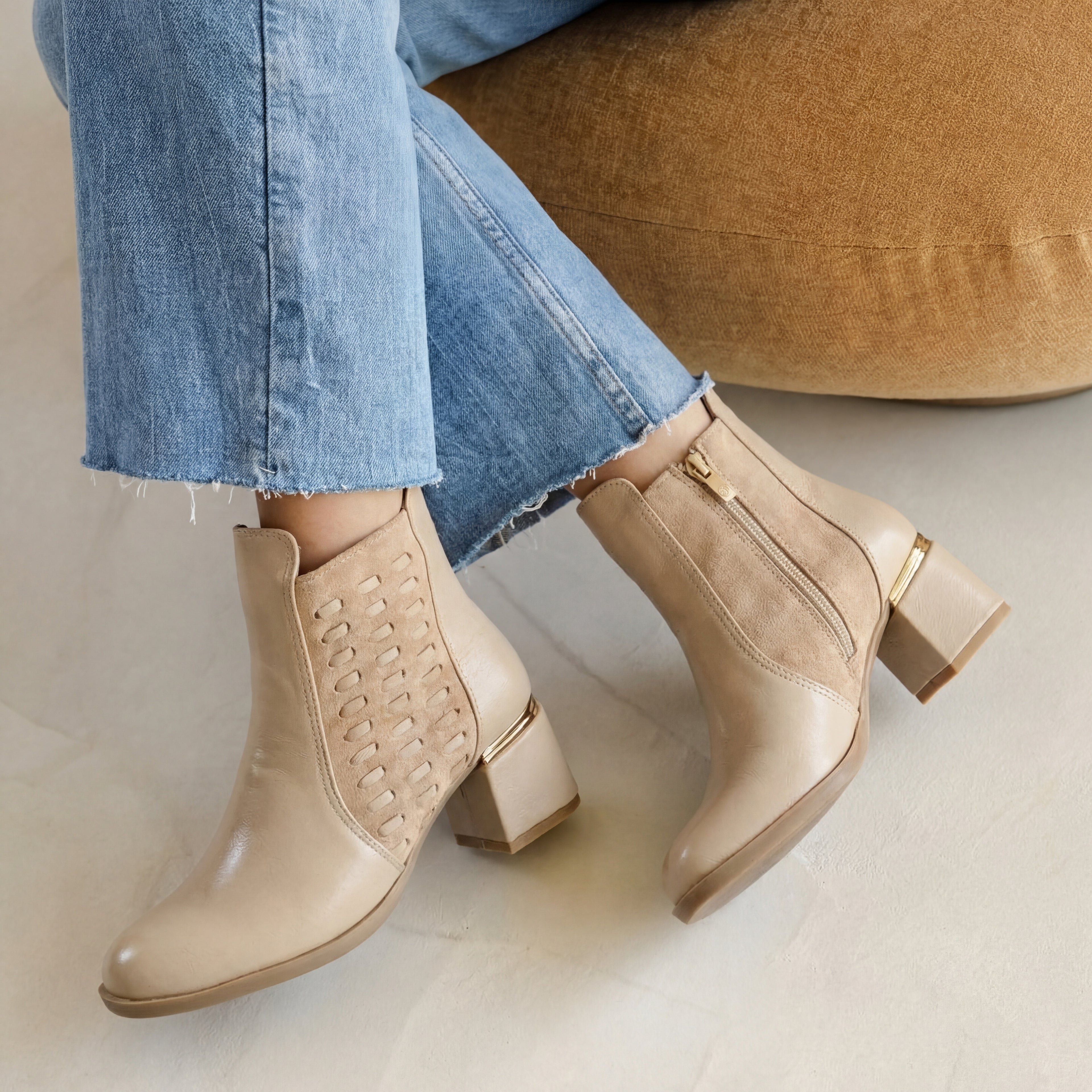 Elegant Textured Ankle Boot with Gold Trim & Block Heel