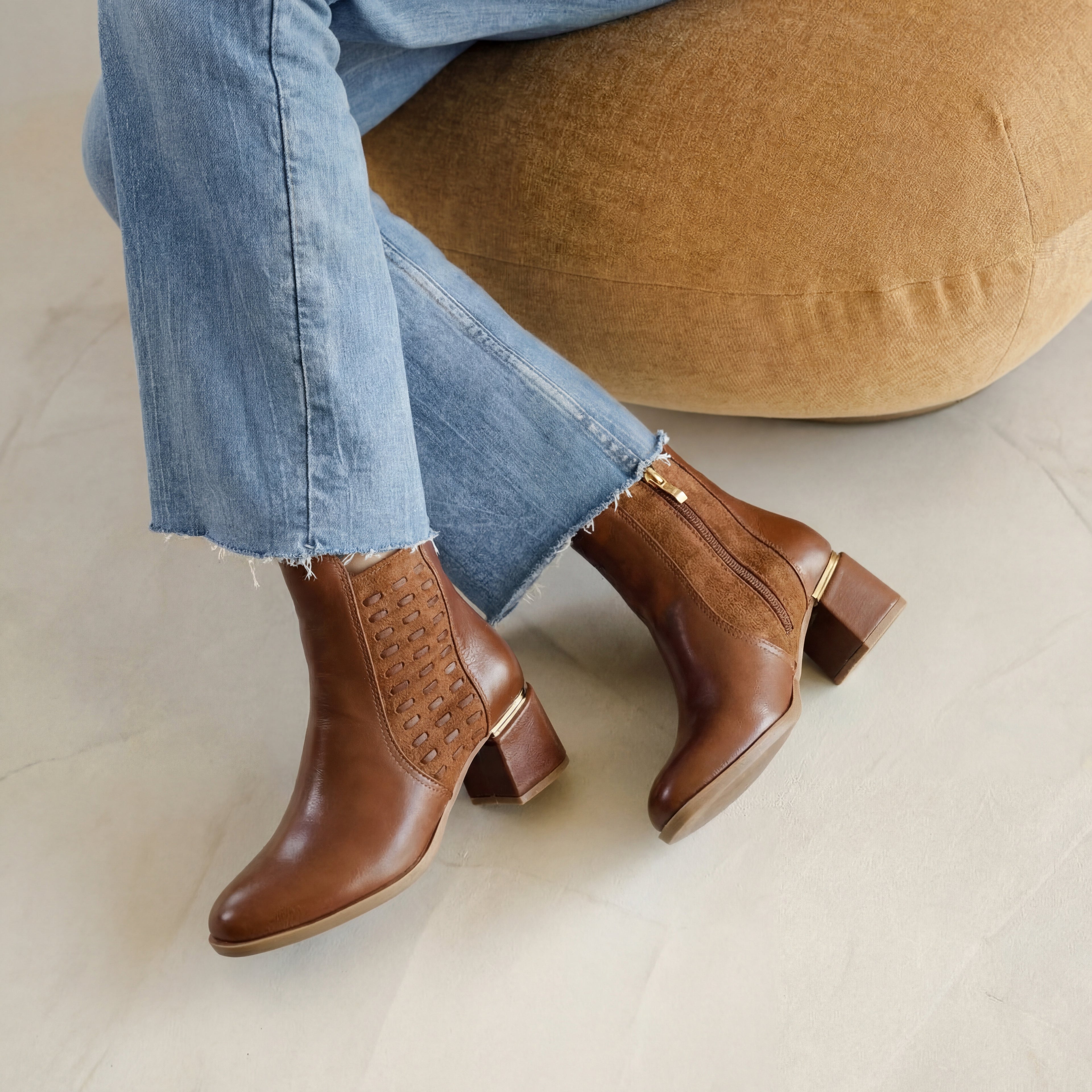 Elegant Textured Ankle Boot with Gold Trim & Block Heel