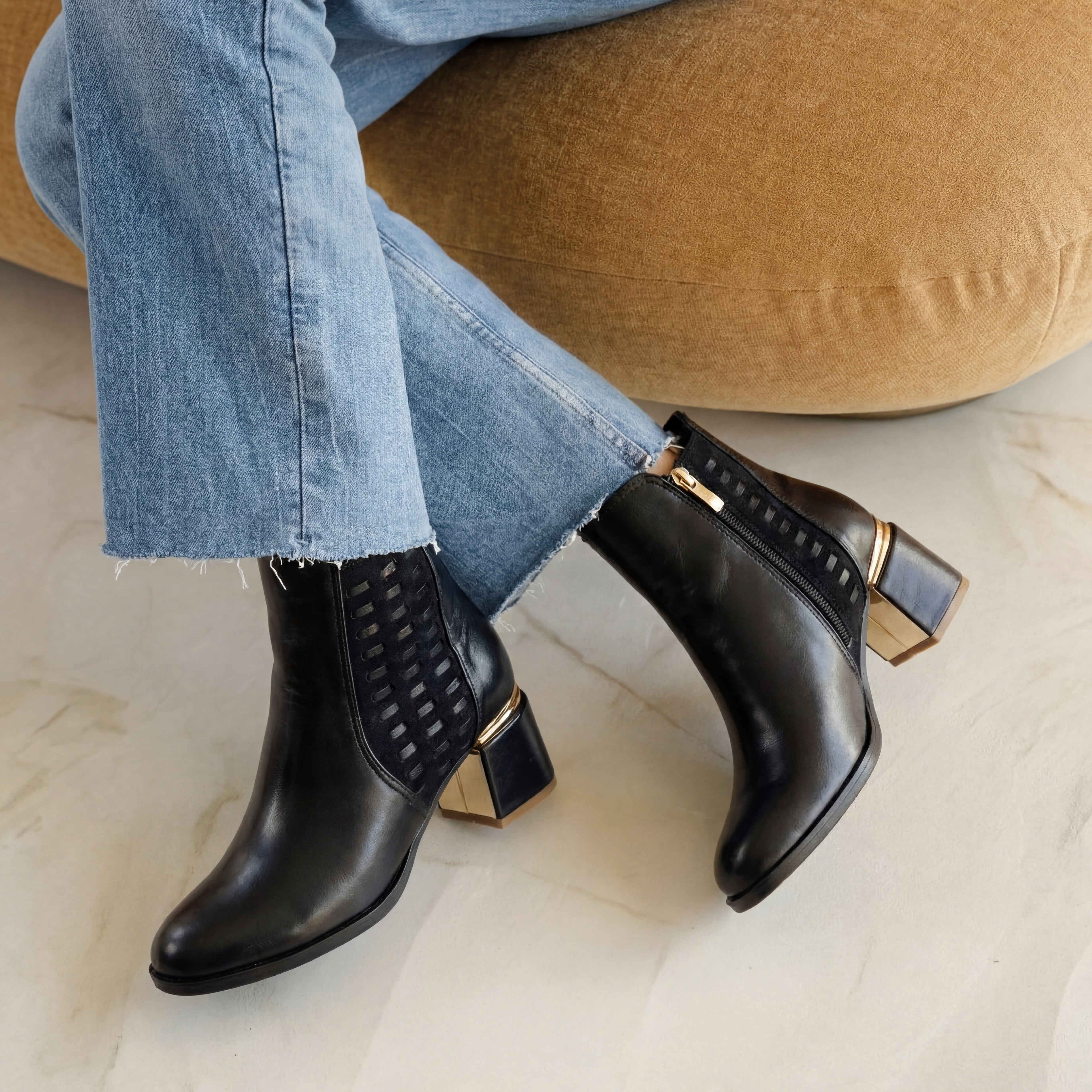 Elegant Textured Ankle Boot with Gold Trim & Block Heel