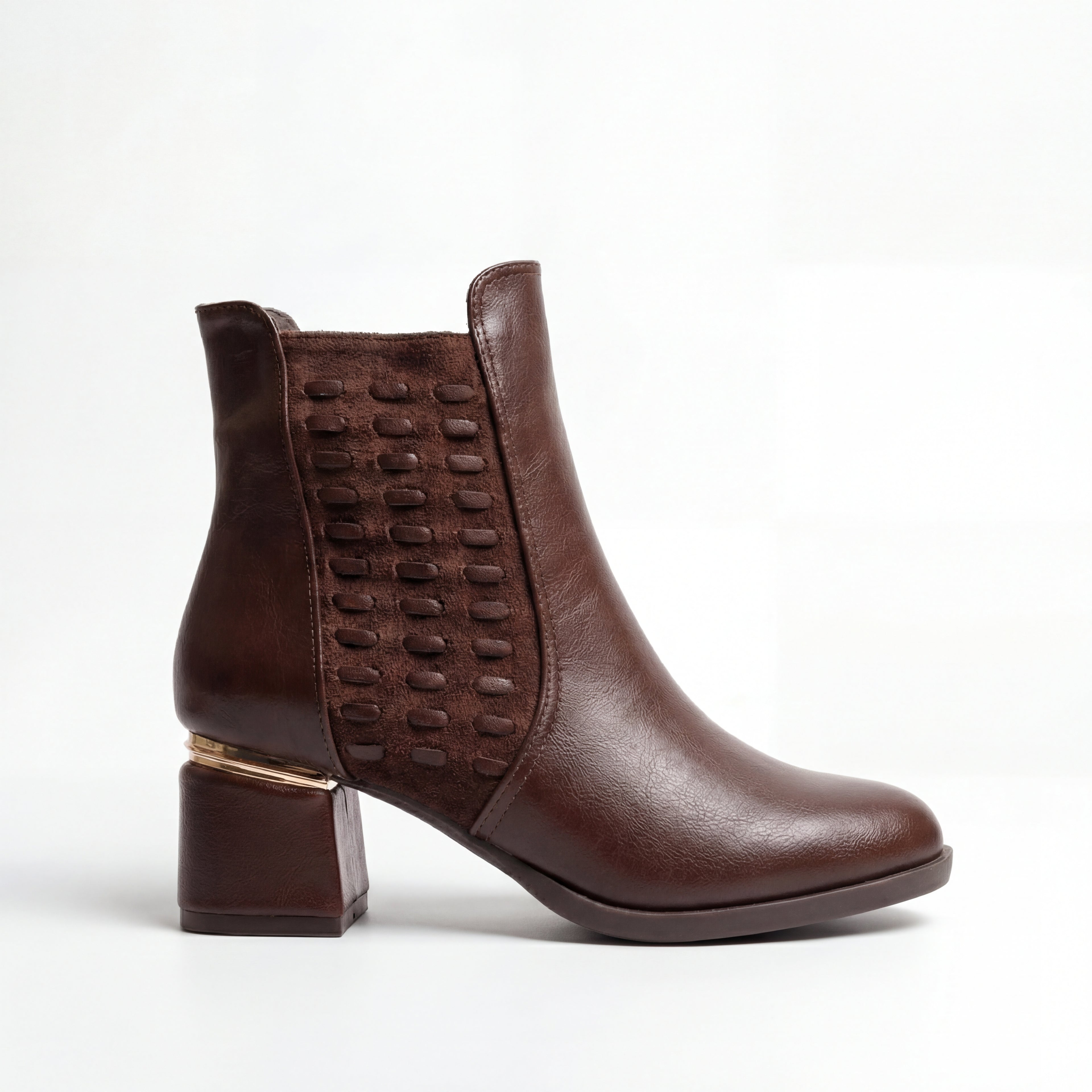 Elegant Textured Ankle Boot with Gold Trim & Block Heel